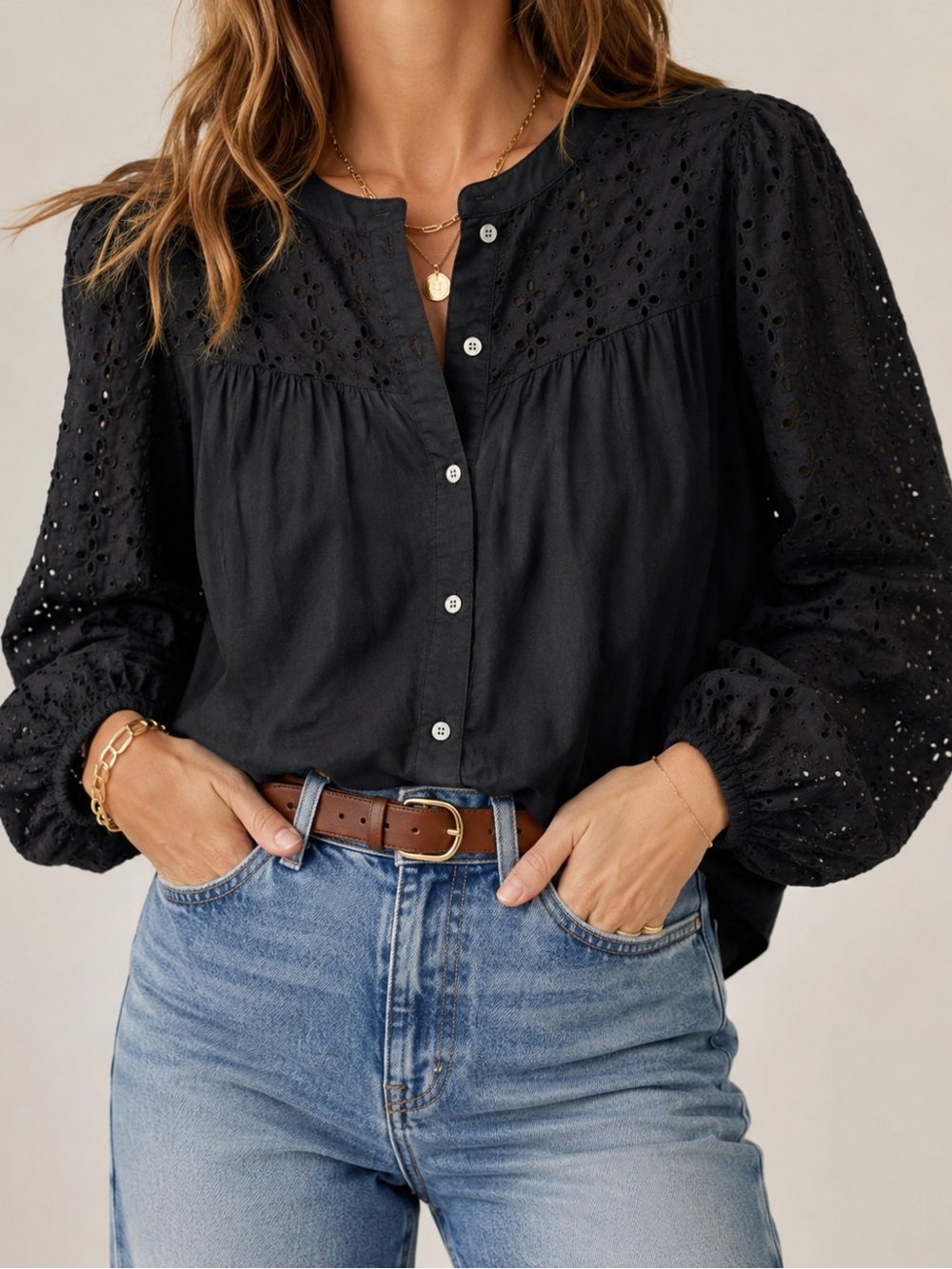 J.Crew Black Eyelet 100% Cotton Blouse Size S | Puff Sleeve Button Front